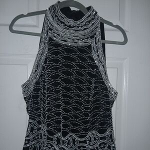 Papell Boutique Black Halter Top with Silver Bead Embellishment